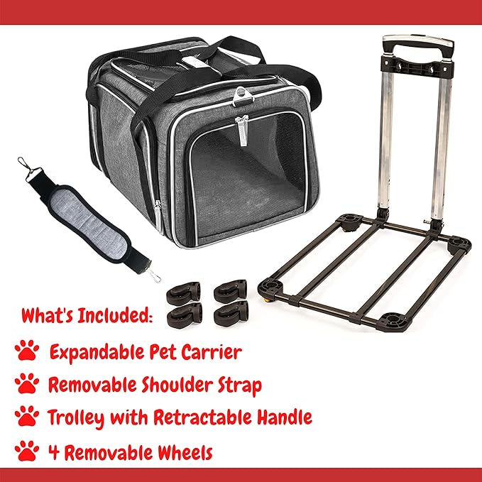 Airline Approved Expandable Premium Pet Carrier on Wheels- Two Sided Expandable Rolling Carrier- Designed for Dogs &amp; Cats- Extra Spacious Soft Lined Carrier! (Grey)