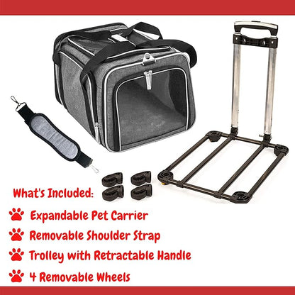 Airline Approved Expandable Premium Pet Carrier on Wheels- Two Sided Expandable Rolling Carrier- Designed for Dogs &amp; Cats- Extra Spacious Soft Lined Carrier! (Grey)
