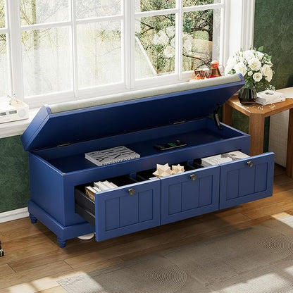 Classic Shoe Storage Bench with Cushion and Three Drawers, Fluted Entryway Bench with Storage for Entryway, Living Room, Hallways 44.0" L x 15.9" W x 18.9" H Antique Navy