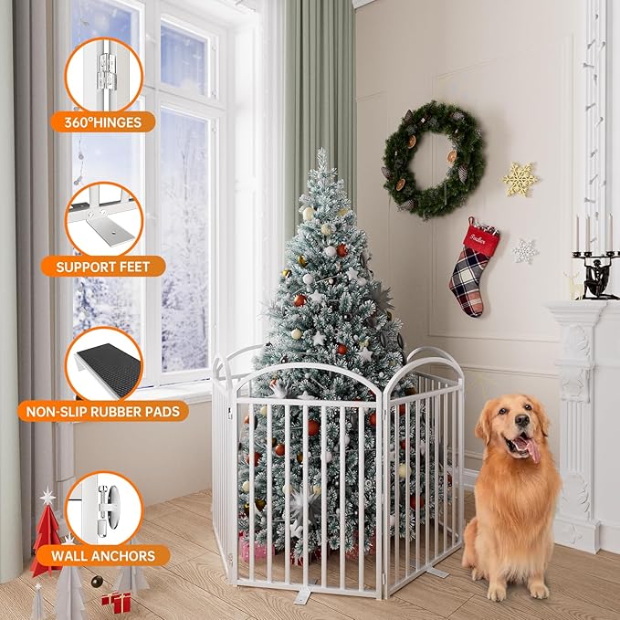 6 Panles Full Matel Freestanding Dog Gates with Door, 144"Extra Wide 32"Tall Free Standing Dog Pet Gate for Indoor &amp; Outdoor. Foldable Pet Fences for Doorways, House, Stairs, Porch, Deck, Yard