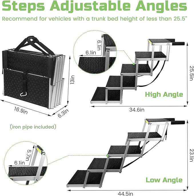 Sturdy 5-Step Aluminum Frame Dog Stair with 1680D PVC Fabric - Non-Slip, Lightweight &amp; Portable - Ideal for Car, SUV, Truck Access - Black (98x67x43cm)