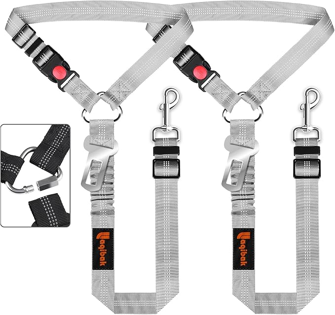 Removable Dog Seat Belt Harness for Car, 3 in 1 Pet Dog Car Seatbelt Leash, Retractable Restraint Secures to Vehicle Headrest &amp; Adjustable Reflective Bungee Dog Seatbelt Tether, Grey