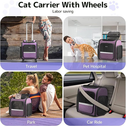 Rolling Cat Carrier with Wheels Dog Carrier for Small Dogs &amp; Medium Cats, Expandable Pet Carrier on Wheels with Cat Play Tunnel, Large Capacity, Breathable Mesh, Side Pocket, Purple