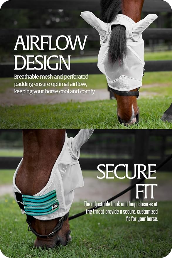 Equinavia Algard Soft Mesh Horse Fly Mask with Ear Protection and 45 UPF Rating | No Eye Irritation &amp; UV Protection - Silver/Turquoise - Pony