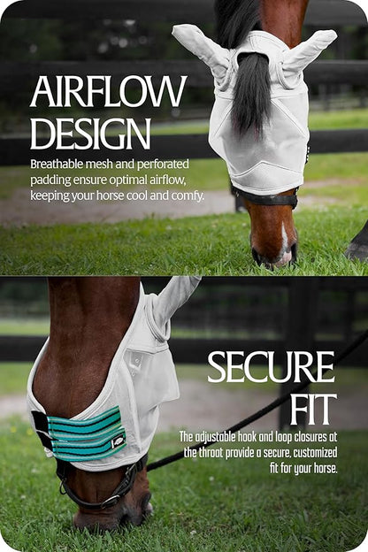 Equinavia Algard Soft Mesh Horse Fly Mask with Ear Protection and 45 UPF Rating | No Eye Irritation &amp; UV Protection - Silver/Turquoise - Pony