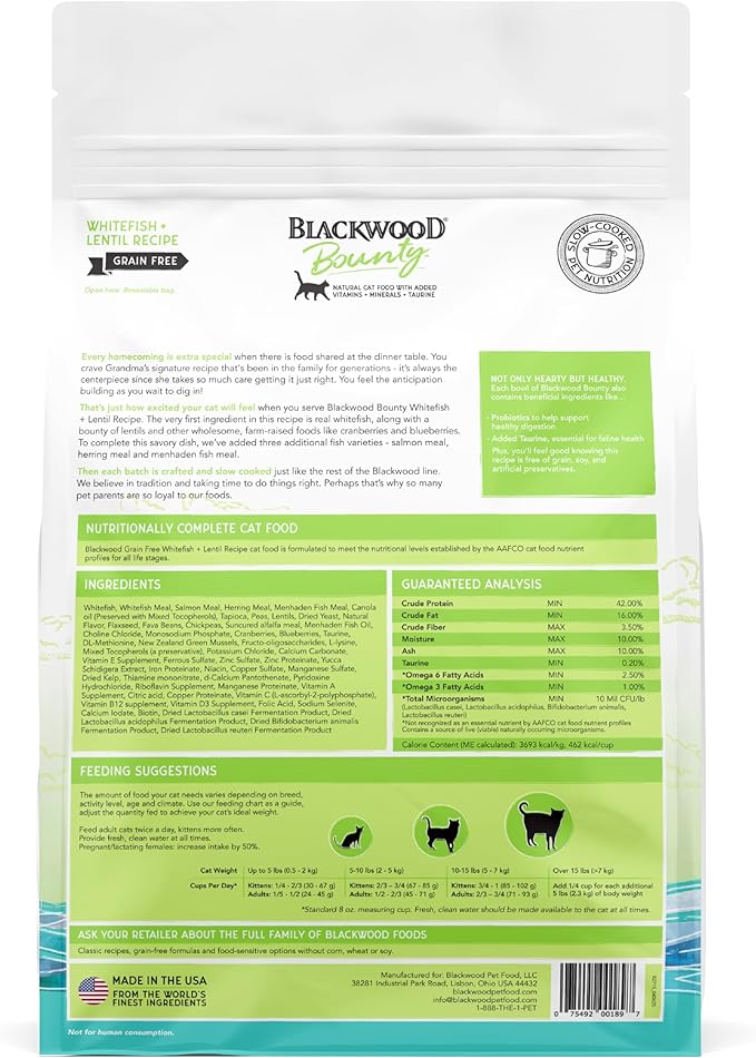 Blackwood Bounty Dry Cat Food, Whitefish &amp; Lentil Recipe for All Life Stages, 10 Pound Bag, High Protein, Grain Free