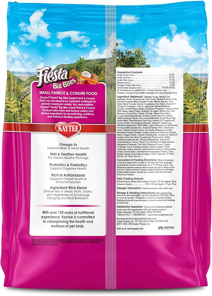 Kaytee Fiesta Big Bites Small Parrot &amp; Conure Food, Nutritious and Fun Blend, Supports Skin, Feather, Digestion, Brain and Heart Health, 4 pounds