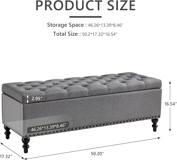 Ottoman with Storage,50.2-inch Upholstered End of Bed Storage Bench for Bedroom,for The Living Room,for Entryway, with Rivets &amp; Button and Safety Hinges,Detachable (Grey)