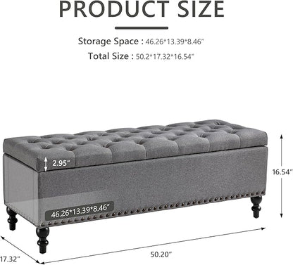 Ottoman with Storage,50.2-inch Upholstered End of Bed Storage Bench for Bedroom,for The Living Room,for Entryway, with Rivets &amp; Button and Safety Hinges,Detachable (Grey)