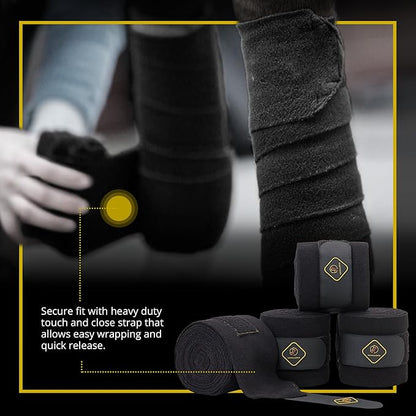 Kavallerie Elastic Fleece Bandages for Horses, Non- Slip and Snug fit Breathable Material for Injury Protection and Superior Legs Support, Stocking up Solution - Black - (2 Units Per Pack)