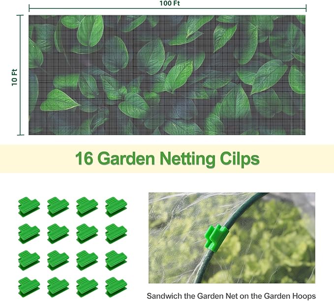 Garden Netting Mesh, 10X100 FT Garden Netting with 16 Cilps &amp; Ultra Fine Mesh Net Bird Barrier Protection for Garden Vegetables Flowers Shrubs Fruit Trees Indoors &amp; Outdoors Plant Beds Greenhouse
