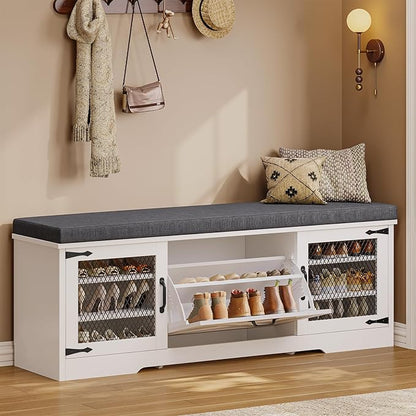 Farmhouse Storage Bench with Flip Drawers &amp; Padded Seat Cushion, Half Hidden Shoe Rack Organizer, Adjustable Shelf Shoe Cabinet for Large Family, Entryway, Bedroom, Living Room (White)