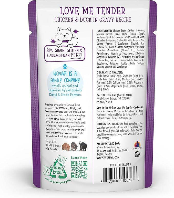 Weruva Cats in The Kitchen, Love Me Tender with Chicken &amp; Duck in Gravy Cat Food, 3oz Pouch (Pack of 12)