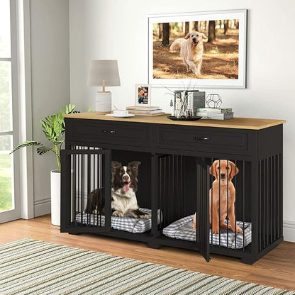 Large Dog Crate with Double Rooms, 72" Heavy Duty Wooden Dog Cage Furniutre Dog Crate Kennel w/Drawers &amp; Removable Divider,Indoor Luxury Dog House for Large Dogs,Black