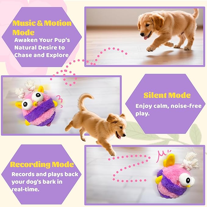 Moving Dog Toys – Rechargeable Interactive Dog Squeaky Toy with Motion-Activated Ball, Music, Recording &amp; Silent Modes – Self-Play Toy for Small, Medium &amp; Large Breeds (Bee)