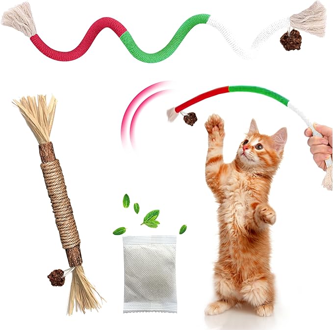Cat Toys Chew Rope &amp; Silvervine Sticks for Bored Indoor Adult Cats, 2Pcs Interactive Catnip Toys for Cats with Refillable Natural Catnip Bag for Teeth Cleaning