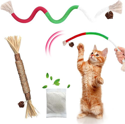 Cat Toys Chew Rope &amp; Silvervine Sticks for Bored Indoor Adult Cats, 2Pcs Interactive Catnip Toys for Cats with Refillable Natural Catnip Bag for Teeth Cleaning