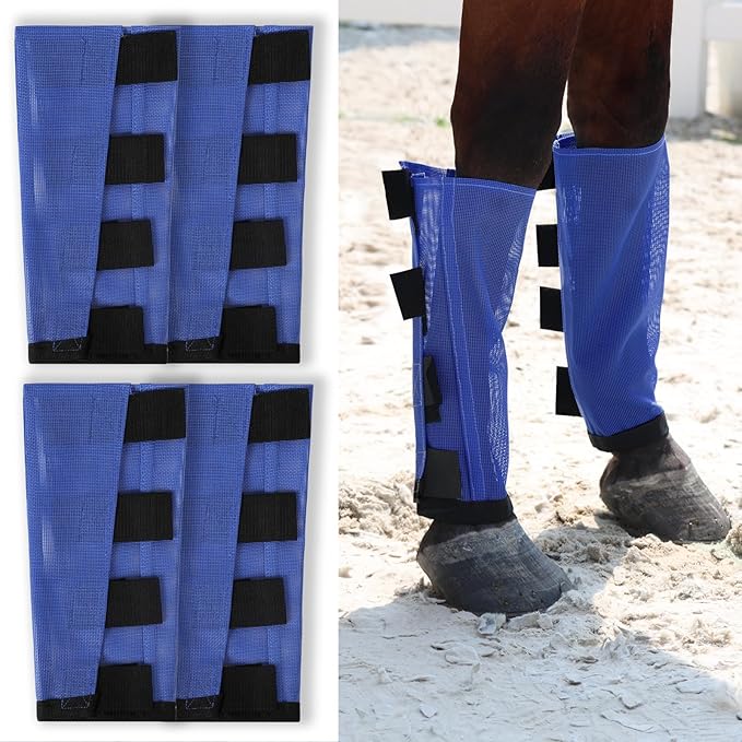 Premium 4-Pack Horse Fly Boots &amp; Leggings Loose-Fit Fine Mesh with Stay-On Fasteners, Support Strips &amp; Anti-Stomp Design Breathable Non-Slip Protection Leg Wrap (Large) Royal Blue