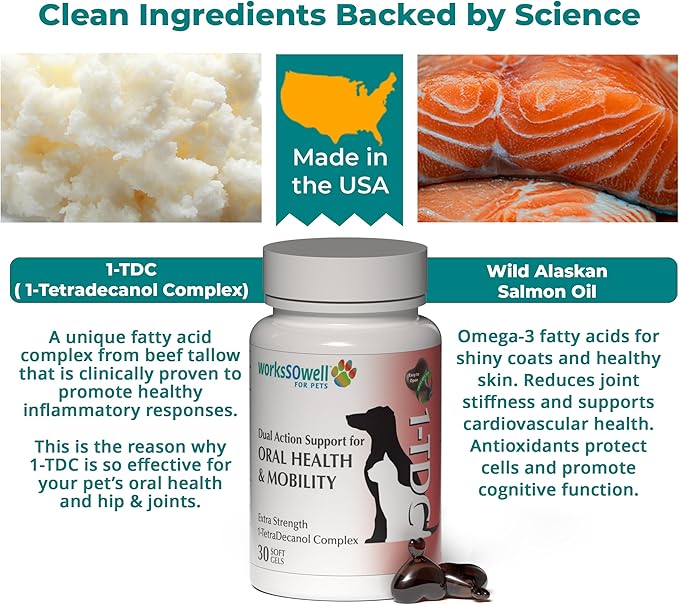 1TDC WorksSoWell Dual Action Joint Supplement for Dogs &amp; Cats - Hip and Joint Supplement for Large Breed &amp; Small Breed - Also Great for Oral Health - Muscle &amp; Stamina Recovery &amp; Arthritis - 30ct