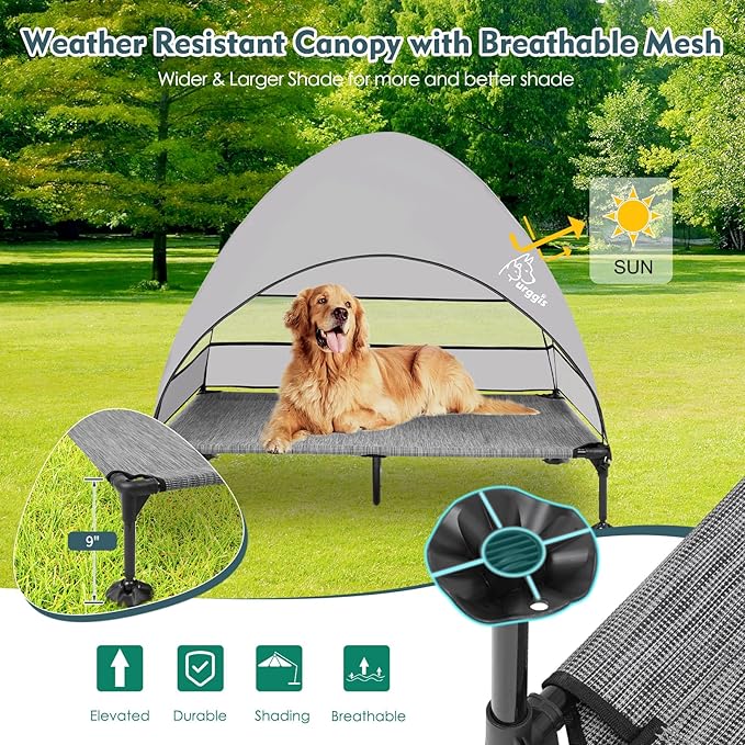 Upgraded Elevated Dog Bed with Canopy, Portable Raised Outdoor Dog Bed with Stable Anti-Slip Feet, Wider Shade Pet Bed Cot, Raised Dog Beds for Large Dogs Camping, Indoor &amp; Outdoor Use