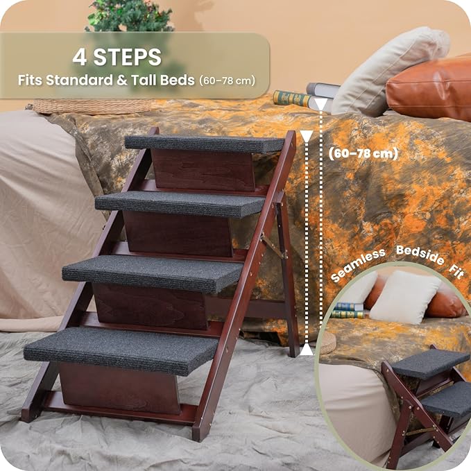MEWANG Wooden Pet Stairs/Pet Steps - 3-in-1 Foldable Stairs &amp; Ramp for Tall Beds and Cars - Portable Dog/Cat Ladder Up to 220 Pounds - for Small and Older Animals(Brown) (31.5" L x 17.2" W x 25.0" H)