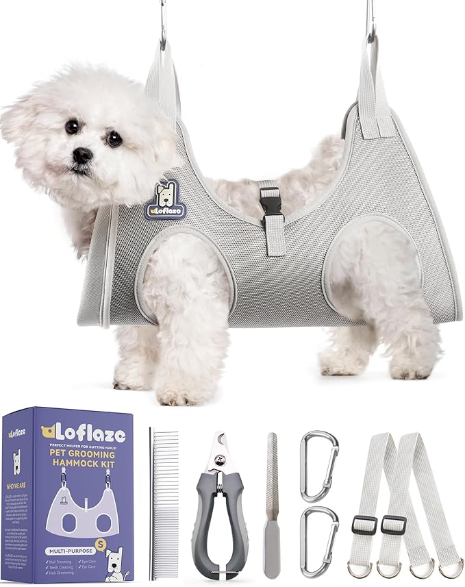 Dog Grooming Hammock Harness for Dogs &amp; Cats with Pet Nail Clipper Trimmer - Cat Hanger Sling for Trimming Clipping Nails- Dog Hammock Restraint Bag for Small Medium Large pet （ Grey S ）