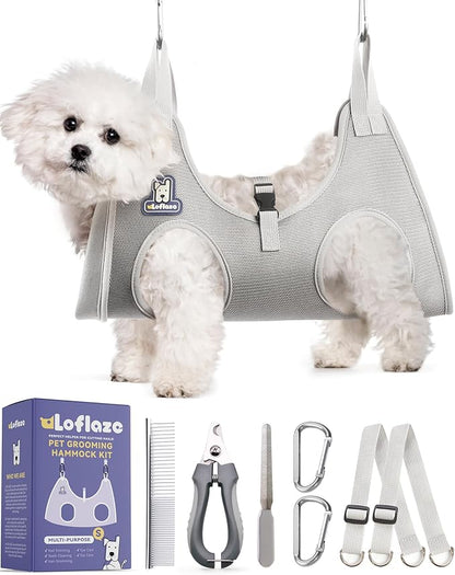 Dog Grooming Hammock Harness for Dogs &amp; Cats with Pet Nail Clipper Trimmer - Cat Hanger Sling for Trimming Clipping Nails- Dog Hammock Restraint Bag for Small Medium Large pet （ Grey S ）