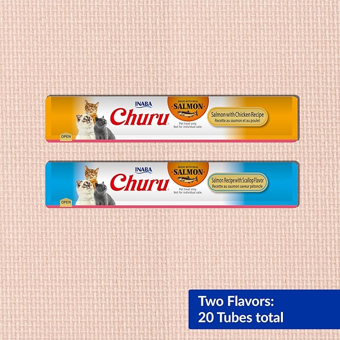 INABA Salmon Churu Cat Treats, Lickable, Squeezable Creamy Purée Cat Treat with Green Tea Extract &amp; Taurine, 0.5 Ounces Each Tube, 20 Tubes, Scallop &amp; Chicken Variety Box