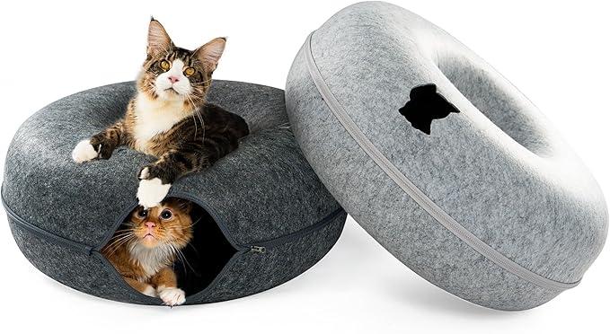 Cattasaurus Peekaboo Cat Cave, Extra Spacious for Multiple &amp; Large Cats 12+ lbs, Scratch Detachable Beds for Indoor Cats, Washable Tunnel Bed, Comfy Cat Donut Tunnel (Light Gray+Dark Gray, Jumbo)