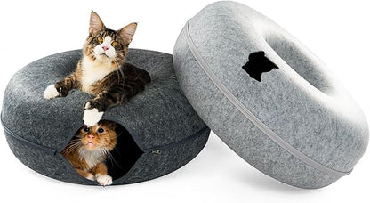 Cattasaurus Peekaboo Cat Cave, Extra Spacious for Multiple &amp; Large Cats 12+ lbs, Scratch Detachable Beds for Indoor Cats, Washable Tunnel Bed, Comfy Cat Donut Tunnel (Light Gray+Dark Gray, Jumbo)
