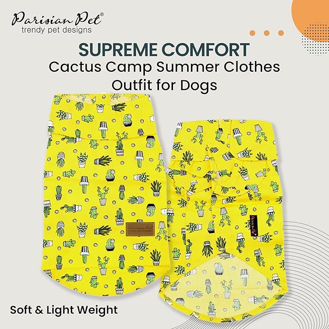 Parisian Pet Cactus Cap Beach Outfit - 100% Cotton Summer Clothes - Stylish Dog Costume - Breathable, Cool &amp; Machine Washable - Small Dogs