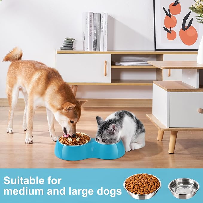 Elevated Dog Bowls Set - Non-Slip Raised Pet Feeder with Medium (2 Cups) &amp; Large (4 Cups) Stainless Steel Bowls - Includes Durable Resin Stand for Puppies, Adult Dogs &amp; Cats - Blue