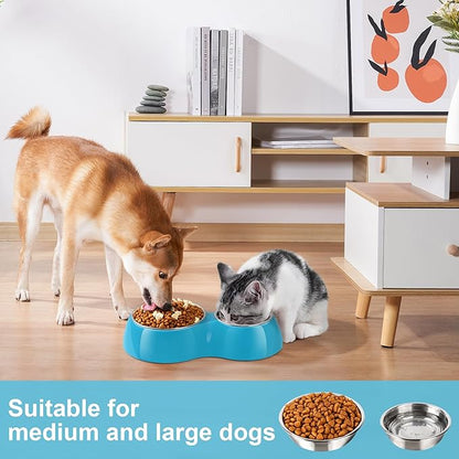 Elevated Dog Bowls Set - Non-Slip Raised Pet Feeder with Medium (2 Cups) &amp; Large (4 Cups) Stainless Steel Bowls - Includes Durable Resin Stand for Puppies, Adult Dogs &amp; Cats - Blue