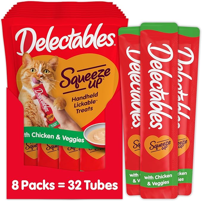Hartz Delectables Squeeze Up Interactive Lickable Wet Cat Treats for Adult &amp; Senior Cats, Chicken &amp; Veggies, 4 Count (Pack of 8)