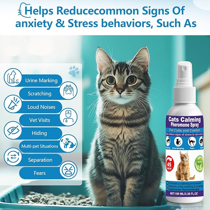【𝐇𝐢𝐠𝐡𝐥𝐲 𝐄𝐟𝐟𝐞𝐜𝐭𝐢𝐯𝐞】Cat Calming Pheromone Spray for Stress &amp; Anxiety Relief – Reduces Scratching, Urine Spraying, Hiding – Drug-Free &amp; Vet Recommended – with F3 Facial Pheromone 6.76oz