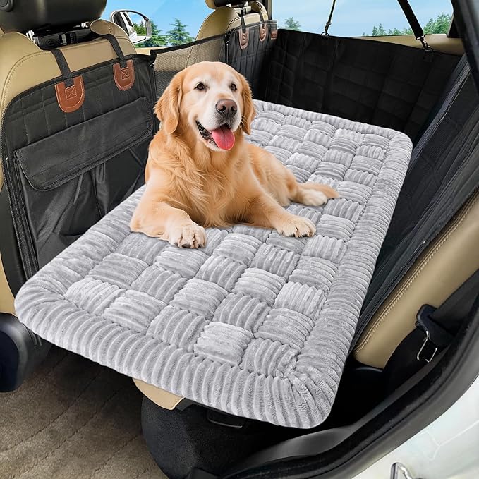 Dog Car Bed Mat, Non-Slip Backseat Extender Pet Blanket, Plaid Dog Bed for Trucks, Sedans &amp; Large SUVs, Chew-Resistant Travel Pad for Dogs, Easy Clean &amp; Scratch-Proof &amp; Comfort（56"x28.7" Light Gray