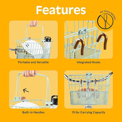 Retrospec Apollo Detachable Front Bike Basket Steel Half-Mesh with Integrated Detachable Hooks and Built-In Handle, Easy Assembly and Portability for Bicycles