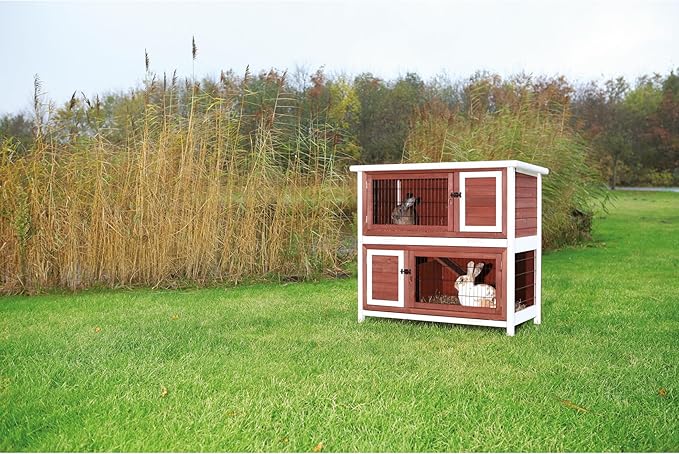 TRIXIE natura Outdoor Double Rabbit Hutch - Indoor Small Animal House, Bunny Cage with Two Sleeping &amp; Play Areas - Includes a Non-Slip Ramp Hinged Roof &amp; Two Pull-Out Trays - in Auburn