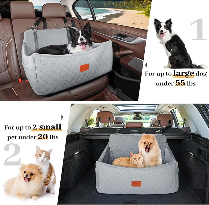 Dog Car Seat for Medium &amp; Large Dogs Up to 55lbs, Memory Foam Cushion, Washable Cover, Safety Straps &amp; Non-Slip Base(Grey,Large)