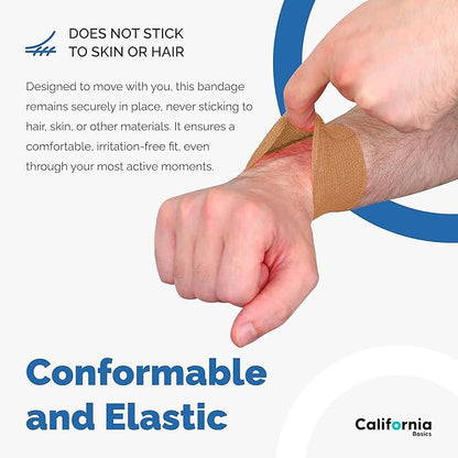 California Basics - 8 Pack - Self Adhesive Bandage Wraps - 3 Inch by 5 Yards Non Woven Self Adhesive Bandage Wrap, Brown Athletic Tape for Wrist, Hand &amp; Ankle Wrap, Premium-Grade Medical Bandage Tape
