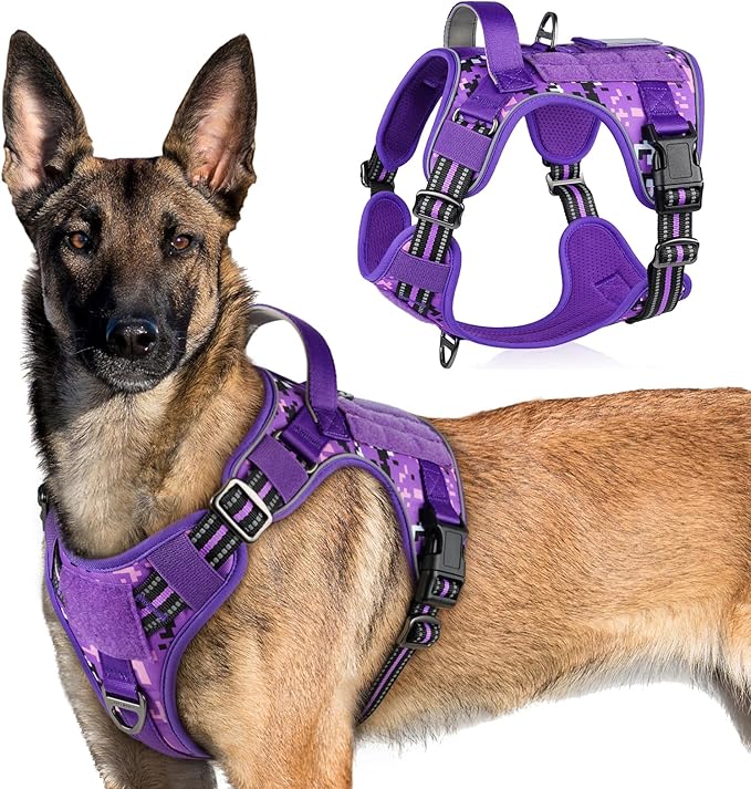 rabbitgoo Tactical Dog Harness for Large Dogs, No Pull Military Service Vest with Handle &amp; Molle, Easy Control for Training Walking, Adjustable Reflective Straps, Purple Camo, XL