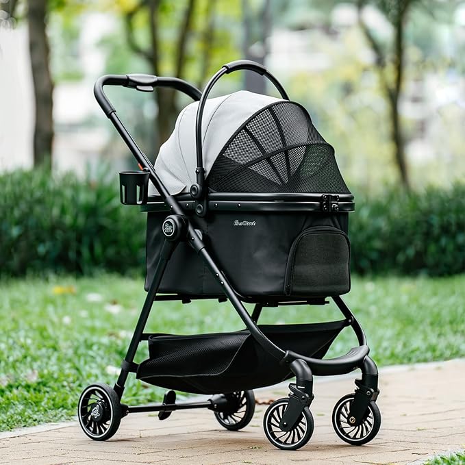 Pet Stroller for Small Dogs and Cats, One-Click Foldable Dog Stroller with Detachable Carrier &amp; 3 Safety Tethers, Holds up to 33 lbs, Storage Basket &amp; Cup Holder, Breathable Mesh, Black
