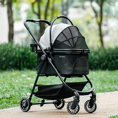 Pet Stroller for Small Dogs and Cats, One-Click Foldable Dog Stroller with Detachable Carrier &amp; 3 Safety Tethers, Holds up to 33 lbs, Storage Basket &amp; Cup Holder, Breathable Mesh, Black