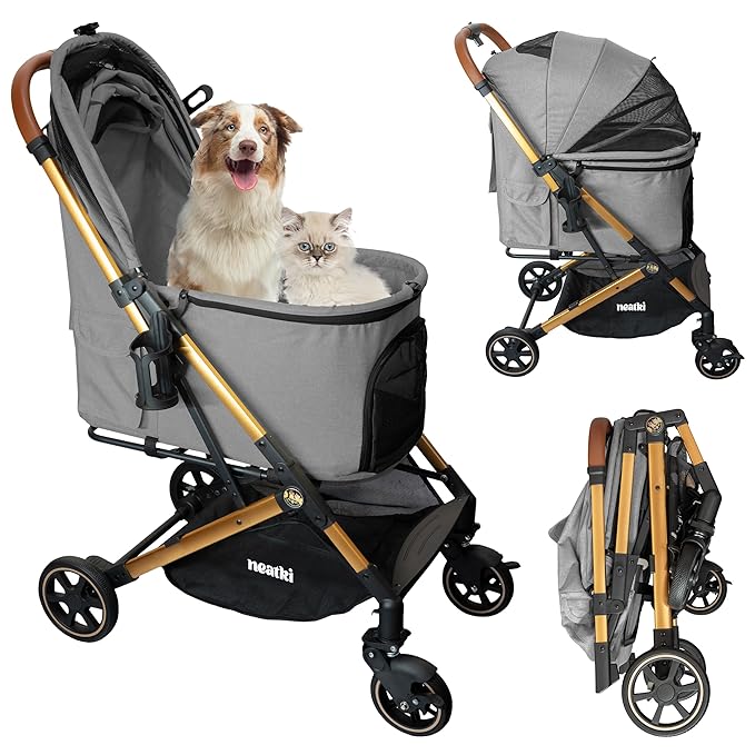 Foldable Pet Stroller for Dogs and Cats, 33 lbs Capacity, 360° Swivel Front Wheels, One-Click Fold, Brake System, Leash &amp; Lock Clips, Removable Washable Padding, and Cup Holder (Gray, 33 lbs)