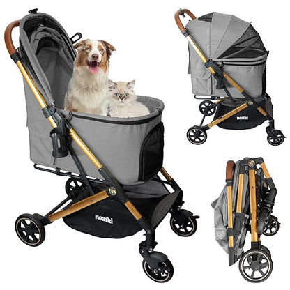 Foldable Pet Stroller for Dogs and Cats, 33 lbs Capacity, 360° Swivel Front Wheels, One-Click Fold, Brake System, Leash &amp; Lock Clips, Removable Washable Padding, and Cup Holder (Gray, 33 lbs)