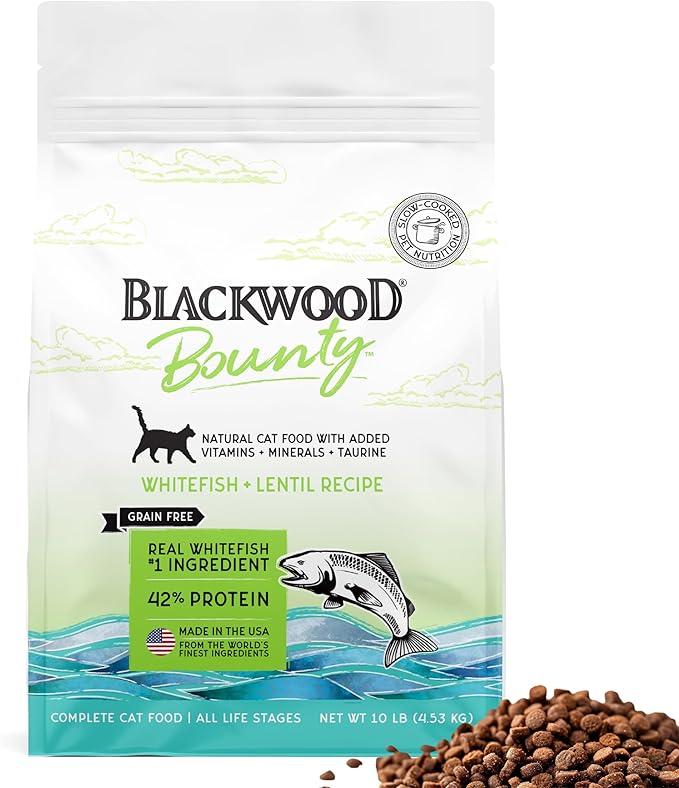 Blackwood Bounty Dry Cat Food, Whitefish &amp; Lentil Recipe for All Life Stages, 10 Pound Bag, High Protein, Grain Free