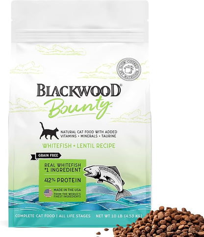 Blackwood Bounty Dry Cat Food, Whitefish &amp; Lentil Recipe for All Life Stages, 10 Pound Bag, High Protein, Grain Free