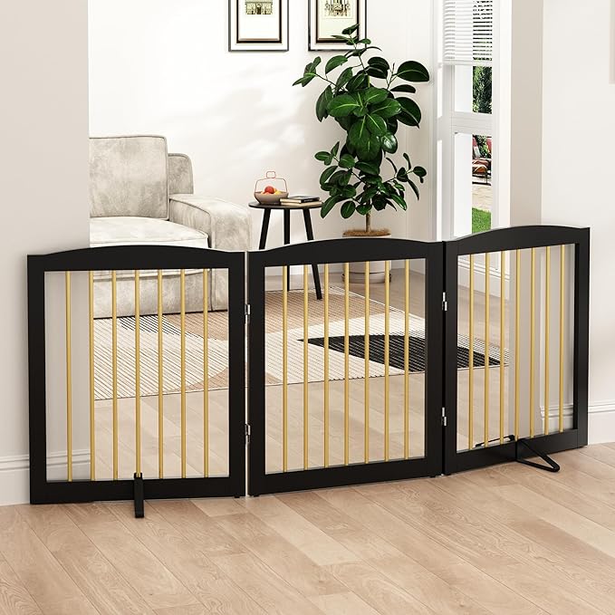 Freestanding Pet Gate for Dogs, Foldable Wooden Dog Gate for House, Indoor Dog Gate for Doorways, Stairs, Step Over Pet Puppy Safety Fence, Support Feet Included,24" Height 3 Panels,Black&amp;Gold