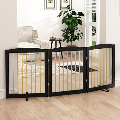 Freestanding Pet Gate for Dogs, Foldable Wooden Dog Gate for House, Indoor Dog Gate for Doorways, Stairs, Step Over Pet Puppy Safety Fence, Support Feet Included,24" Height 3 Panels,Black&amp;Gold