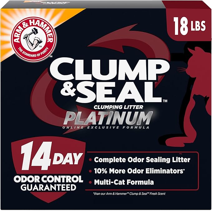 ARM &amp; HAMMER Clump &amp; Seal Platinum Clumping Cat Litter Odor Control, Multi-Cat, 14-Day Odor Control, Online Exclusive Formula, 18 Lbs